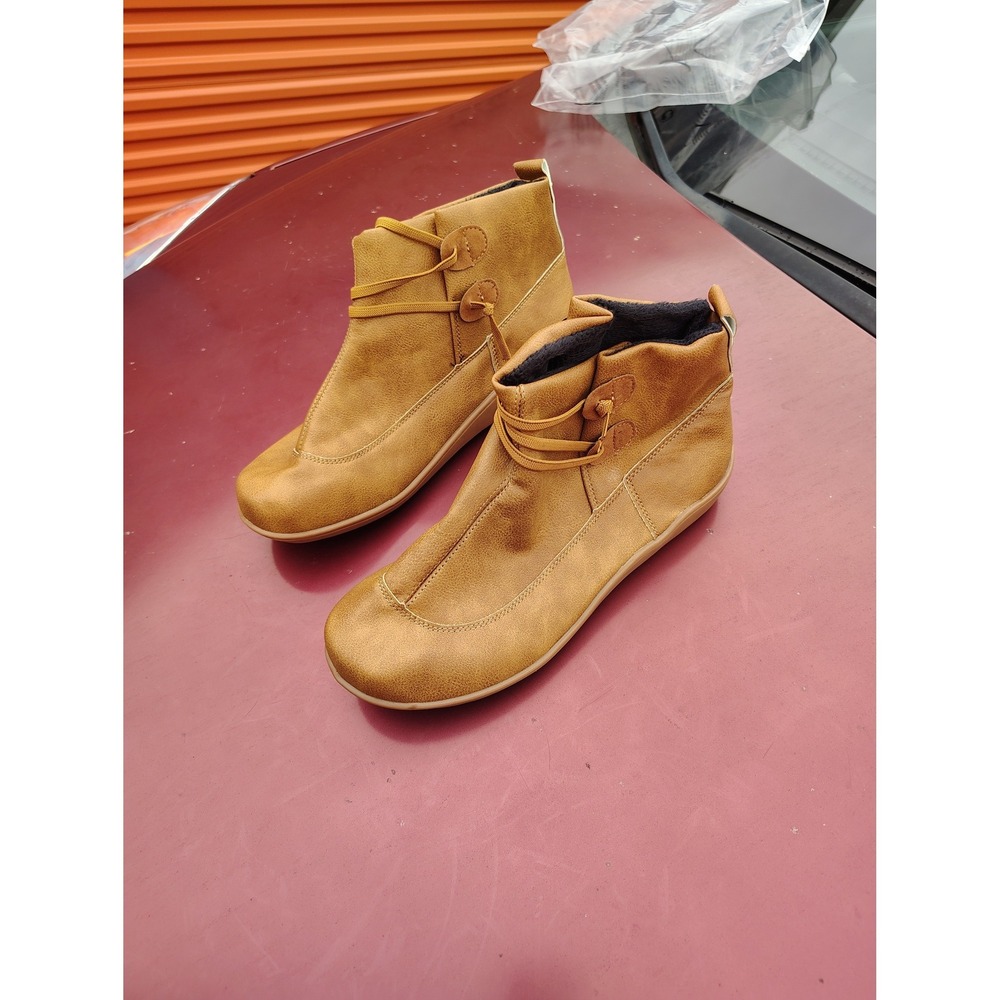 Womens Tan Faux Leather Ankle Boots Flat Wrap Lace Button Detail Booties Size 40